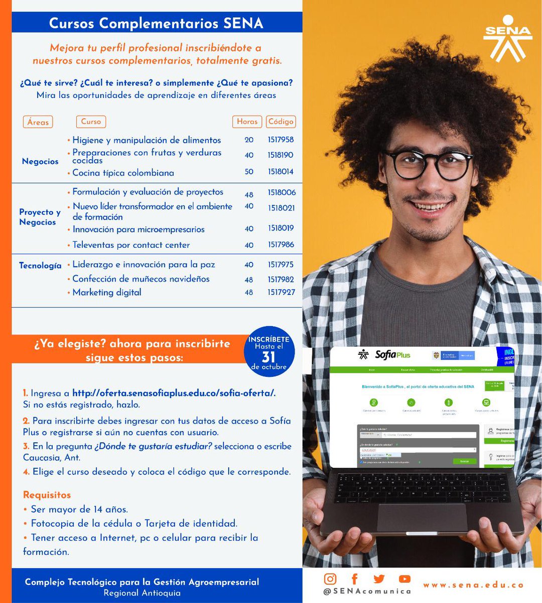RuthRamrezOspi1's tweet image. Aprovecha estos días para potenciar tus habilidades desde #Casa, Inscríbiendote hasta el 31 de octubre a nuestros cursos complementarios SENA totalmente. 
A través de 👉 oferta.senasofiaplus.edu.co/sofia-oferta/  
Instructivo de inscripción (paso a paso) 👇drive.google.com/file/d/1ymy9nl… #ManosAlaObra