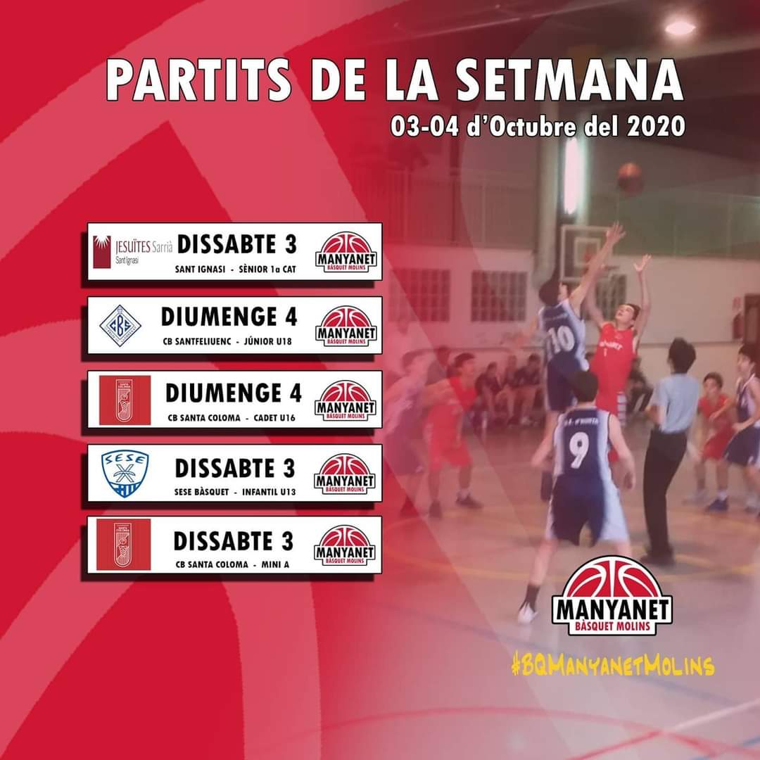 BQMMolins's tweet photo. Partits amistosos BQ Manyanet Molins:
🏀 SESE vs Infantil U13
📊 Preferent 1r any 
🏀 CB Santa Coloma vs Mini A 
📊 Nivell A
🏀 Sant Ignasi vs Sènior 1a Cat
📊 1a Cat
🏀 CB Santa Coloma vs Cadet U16 
📊 Interterritorial
🏀 CB SantFeliuenc vs Júnior U18 @molinsdeq
📊 Preferent https://t.co/0Jb89U2GuR