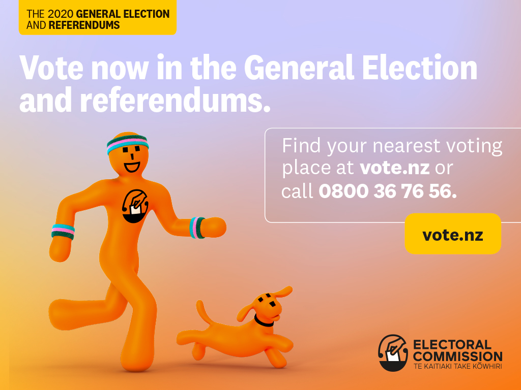 ElectoralCommNZ's tweet photo. Voting starts today! 🎉🗳 Get out to a voting place between now and 17 October so you can have your say in the 2020 General Election and referendums.
Find a voting place here: https://t.co/2wiVpYdMQn https://t.co/3CPetBexGk