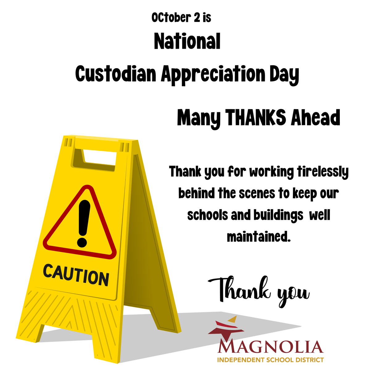 Today is Custodian Appreciation Day! 🎉 Thank you to all of our custodians for all the work they do to keep our school clean, safe and running smoothly. We appreciate you!