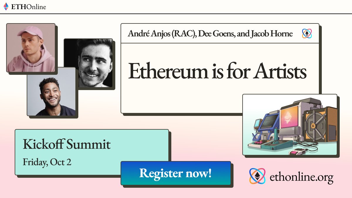 Next up in 3 min: a panel with  @RAC,  @dg_goens  @js_horne16:00 ET: Ethereum is for Artists