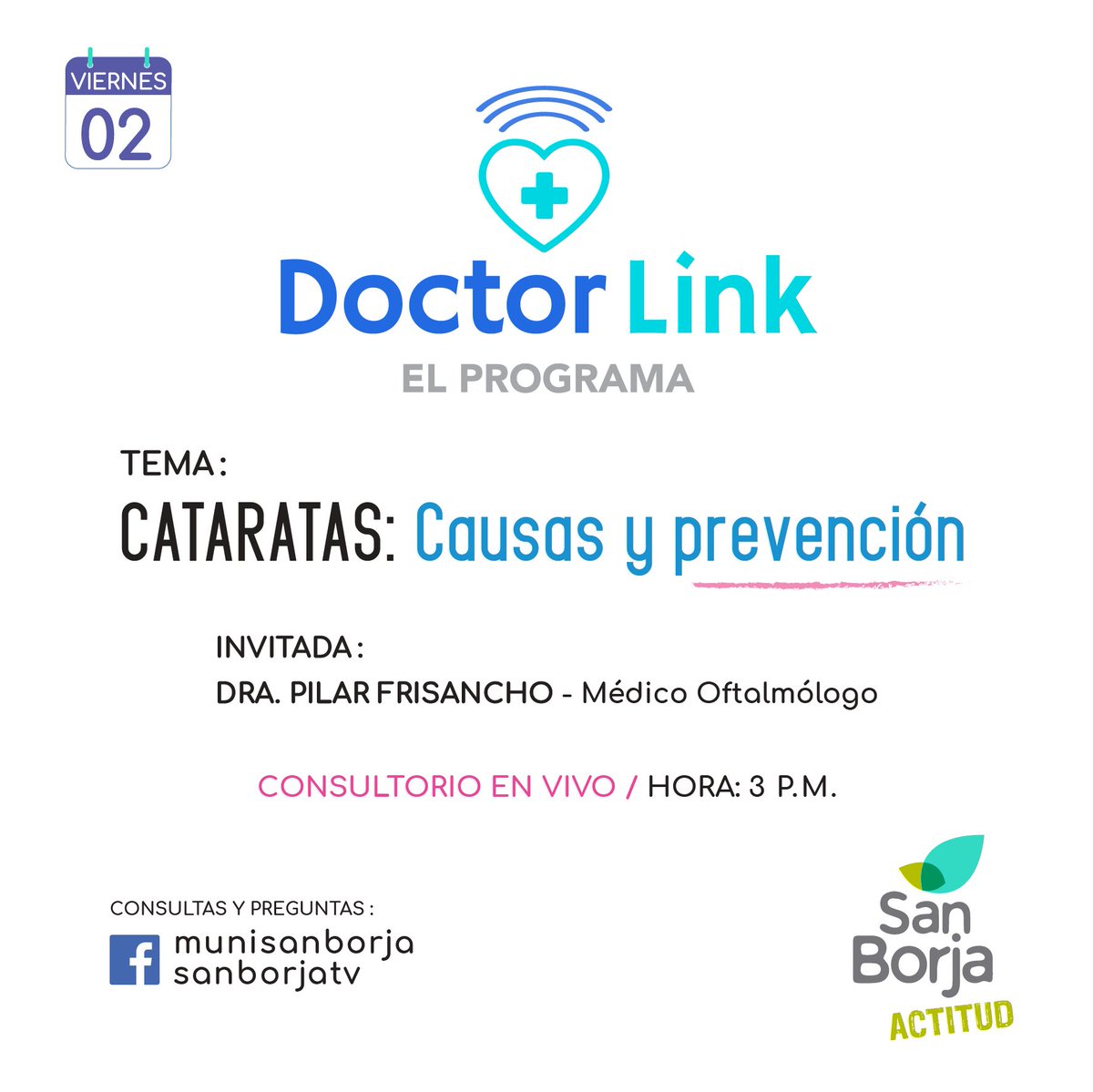 MunideSanBorja's tweet photo. #ENBREVE 🔴| 📌 ¿Sabías que las cataratas son la primera causa de ceguera en el Perú y en el mundo?

No te pierdas hoy a las 3:00 p.m. nuestra transmisión en vivo desde Facebook de #DoctorLink 👨‍⚕️, donde conversaremos acerca de este tema con la Dra. Pilar Frisancho de AUNA. https://t.co/v1DnGCNbbF