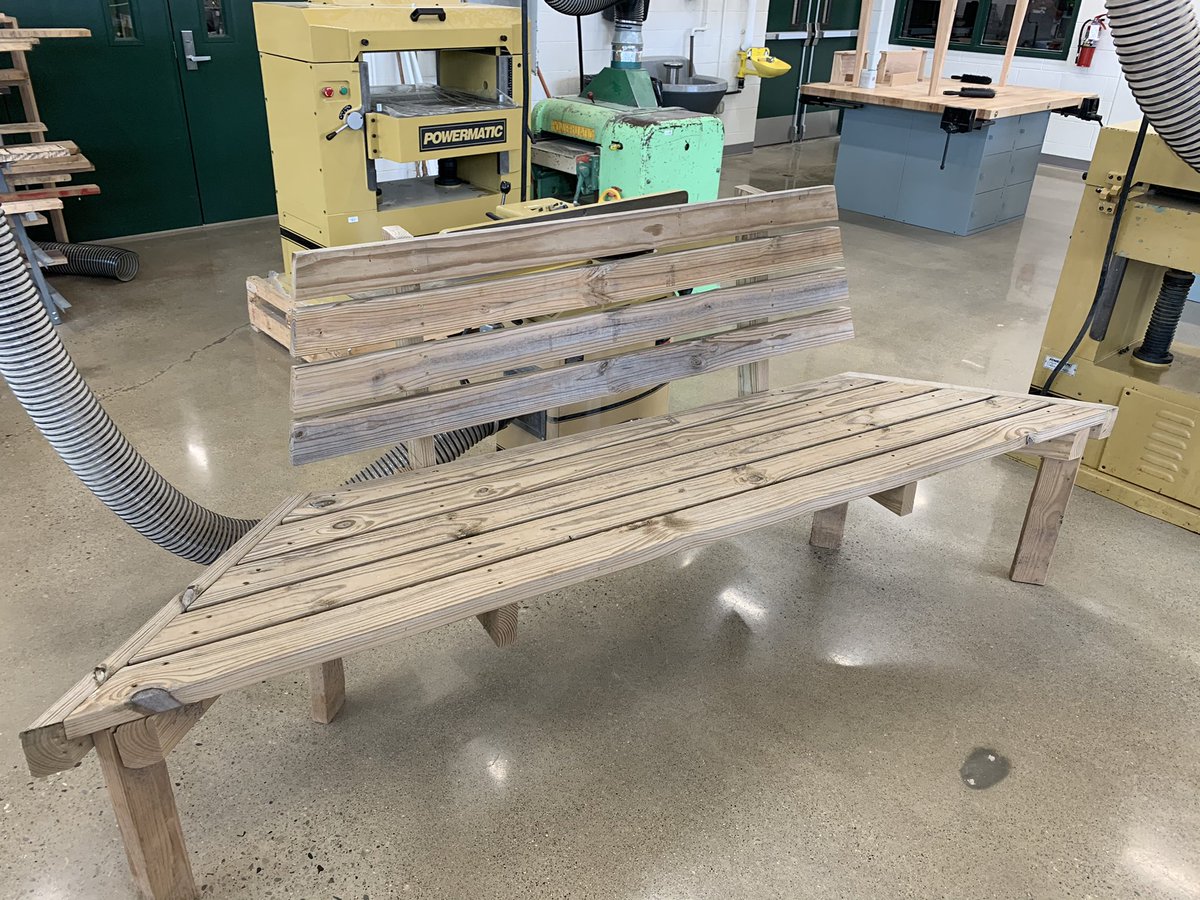 jrich2021's tweet photo. Making old things new again! The #NextSTEPP crew modifying and reinforcing benches to be used in an outdoor classroom. Next is the paint!! #MakeItHappen #theNEXTSTEPP #STEAMculture https://t.co/ovlNvh3dH1