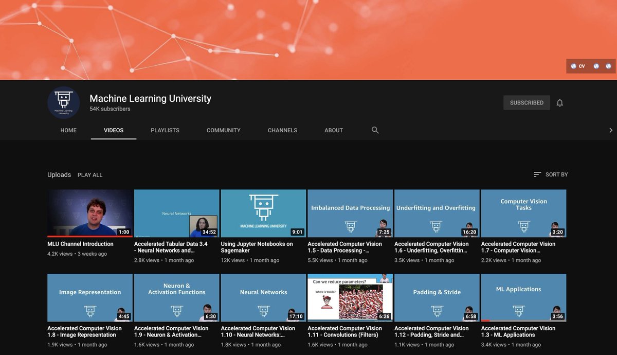 Amazon decided to create a YouTube channel full of Machine Learning content from its internal "ML University."Available to everyone!I'm taking the Computer Vision course. Most lessons are around 5 minutes (with a few exceptions.)Channel:  https://www.youtube.com/channel/UC12LqyqTQYbXatYS9AA7Nuw