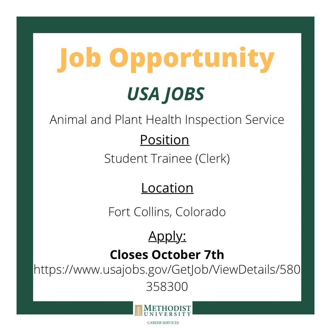 MU_ACAdvising's tweet photo. USA Jobs is now seeking applicants for a position in the Animal and Plant Health Inspection Service as a Student Trainee (Clerk).

Apply:
https://t.co/Jp29llgiHw https://t.co/BkhXQmkfyD