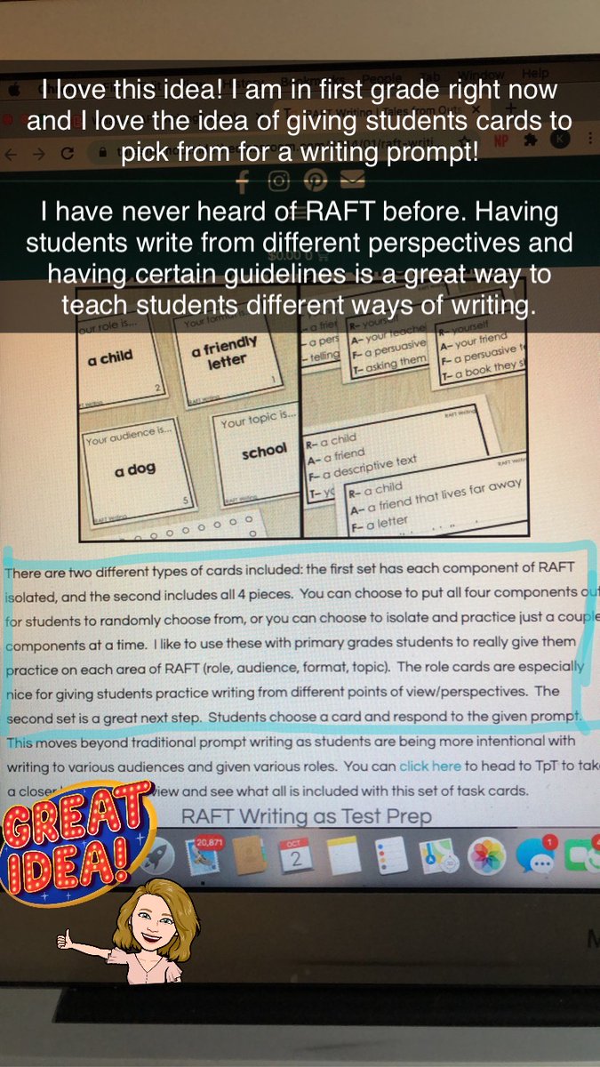 kellysnow_ksu's tweet photo. I loved learning about RAFT writing! These writing prompt cards are a great way to incorporate RAFT writing with younger students. #booksnap4 #KSUECE4410 https://t.co/CN0WI1PzSJ