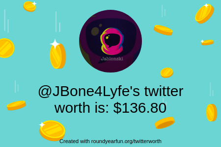 JBone4Lyfe's tweet photo. My Twitter worth is: $136.80

Find yours with https://t.co/h5Vw7o6445

⠀ https://t.co/7AtQMmNtOr