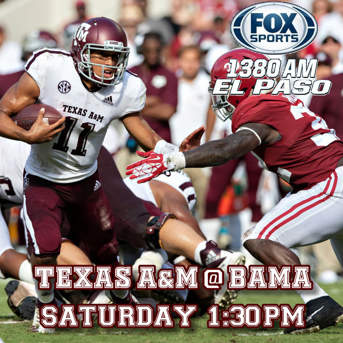 News Radio 690 KTSM (@ktsm690) on Twitter photo Tomorrow on our sister station <a href="/FoxSports1380/">Fox Sports 1380</a> <a href="/AggieFootball/">Texas A&M Football</a> vs <a href="/AlabamaFTBL/">Alabama Football</a> pregame starts at 1pm! #GigEM #RollTide Tomorrow on our sister station <a href="/FoxSports1380/">Fox Sports 1380</a> <a href="/AggieFootball/">Texas A&M Football</a> vs <a href="/AlabamaFTBL/">Alabama Football</a> pregame starts at 1pm! #GigEM #RollTide