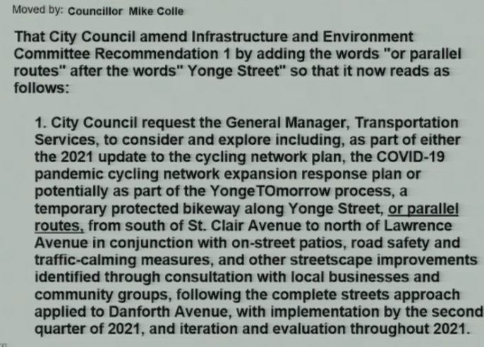 Up now: A Councillor Mike Colle motion to look at including bike lanes on mid-town Yonge Street as part of future bike plans. Colle has tweaked his language a bit to request staff also look at routes that run parallel to Yonge.  http://app.toronto.ca/tmmis/viewAgendaItemHistory.do?item=2020.IE15.11