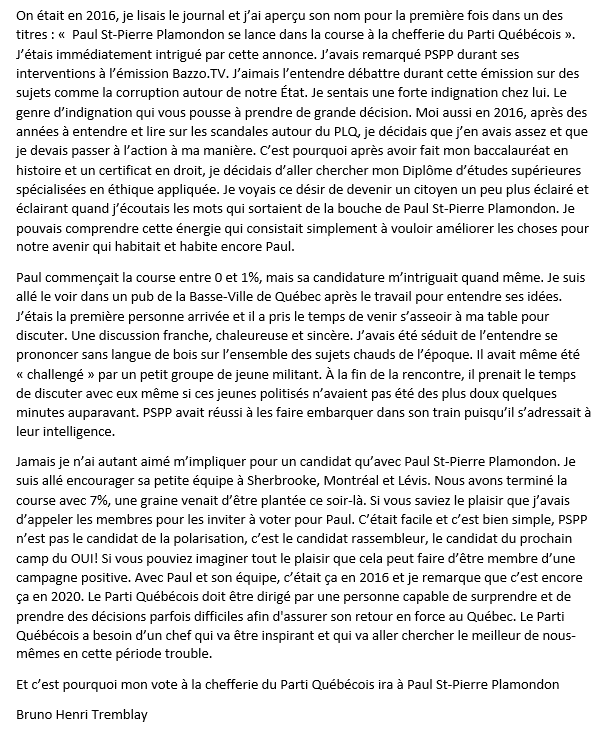 TrunksOctobre's tweet photo. Pourquoi j'appuie la candidature à la chefferie du Parti Québécois de Paul St-Pierre Plamondon? Ici👇 #Polqc #PSPP2020 #OUIPSPP #CoursePQ https://t.co/m3GoNuxlmD
