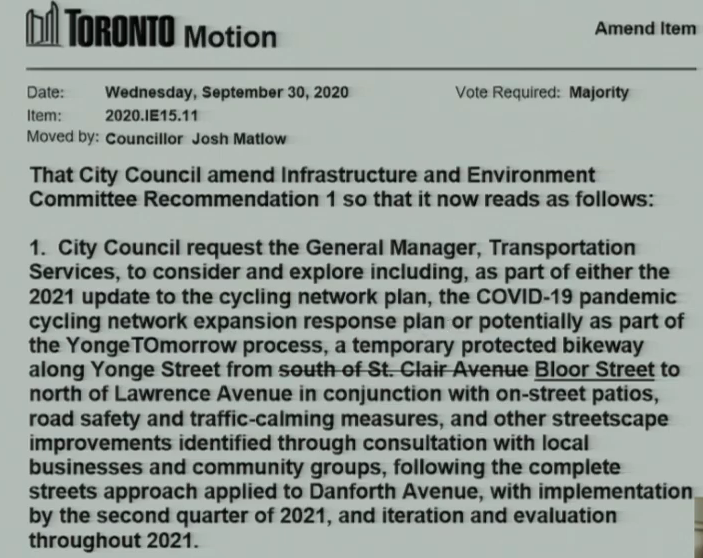 Councillor Josh Matlow moves to extend the scope of the potential midtown Yonge bike lanes, down to Bloor Street instead of St. Clair.