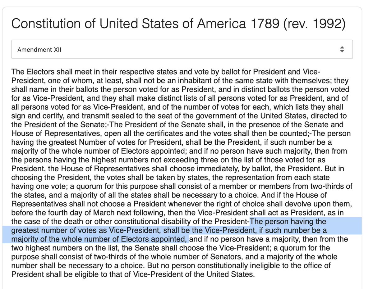 In fact, under the 12th Amendment, “[t]he person having the greatest number of votes shall be the President, if such number be a majority of the whole number of electors appointed.” Appointed 2/