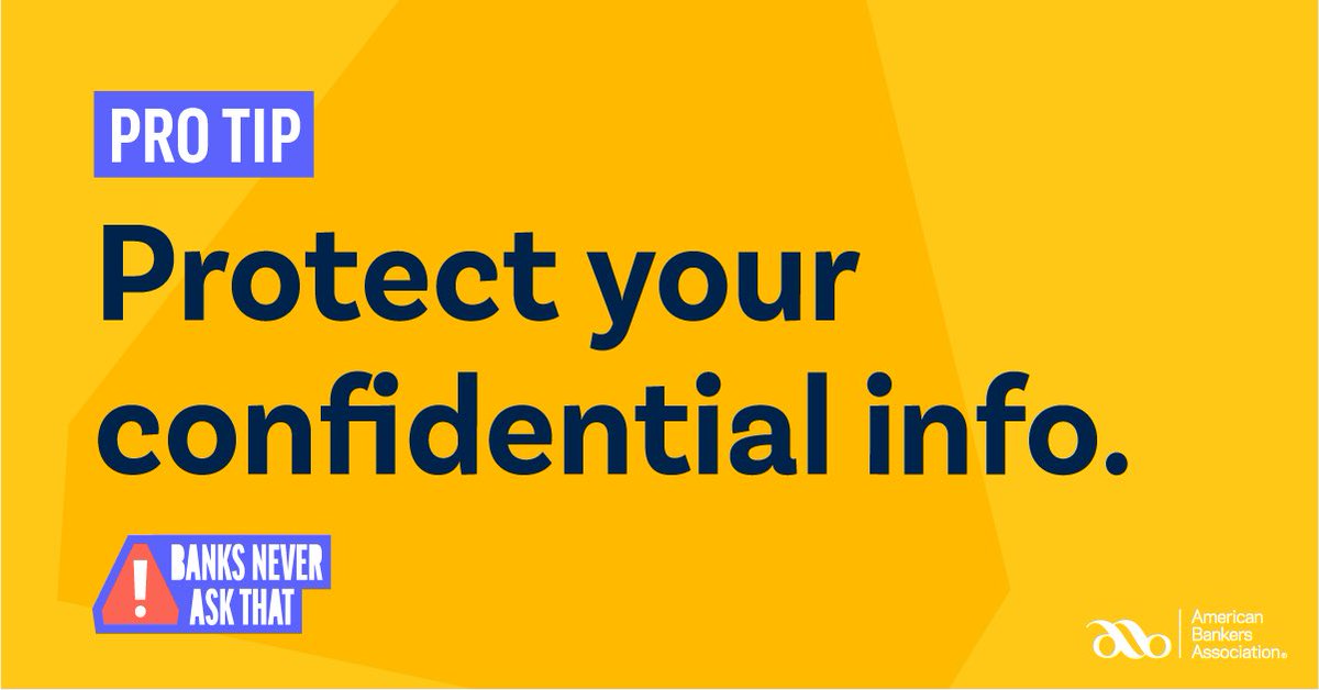 AlwaysOurBest's tweet photo. Your bank will never ask you for confidential information in emails or texts. They’ll only ask for that information to verify your identity when you call their toll-free Customer Service numbers. Find your scam IQ and take the #BanksNeverAskThat quiz: https://t.co/F80TyvOvJU https://t.co/24ByCciGgs
