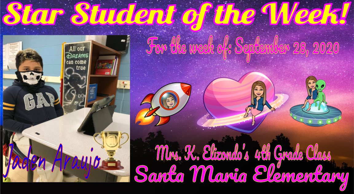 SantaMaria115's tweet photo. Congratulations Jaden Araujo for earning Mrs. Elizondo's Star Student of the Week! Thank you for making our school shine! You are out of this world AMAZING! Go Blue Jays!
#Bluejayway #santamariaelementary #studentofweek #4thgrade #hardworkpaysoff https://t.co/8g7tcAY0bC