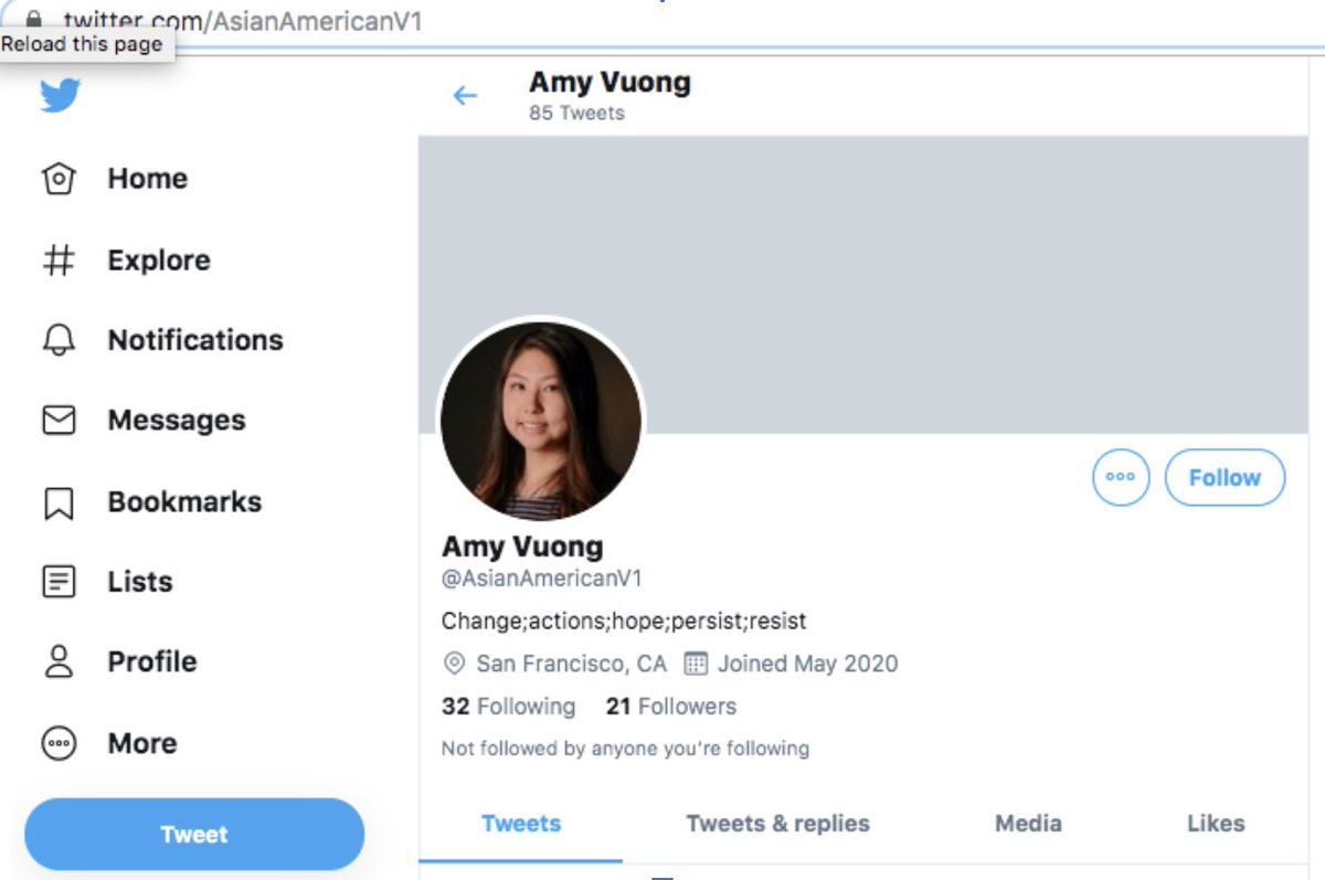 Zeng’s memes were quickly picked up by four other Twitter accounts, which use the names Amy Vuong, Joan Vogel, Steve Robinson, and Paul Medina. Vuong uses a profile pic of a Microsoft employee in WA named (!!) Emily Zeng. Vogel uses a pic of a HR manager in NJ named Amy Vogel.