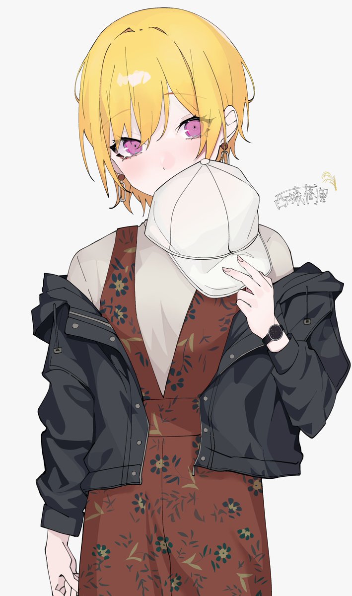 saijo juri 1girl blonde hair solo hat jacket watch holding hat  illustration images