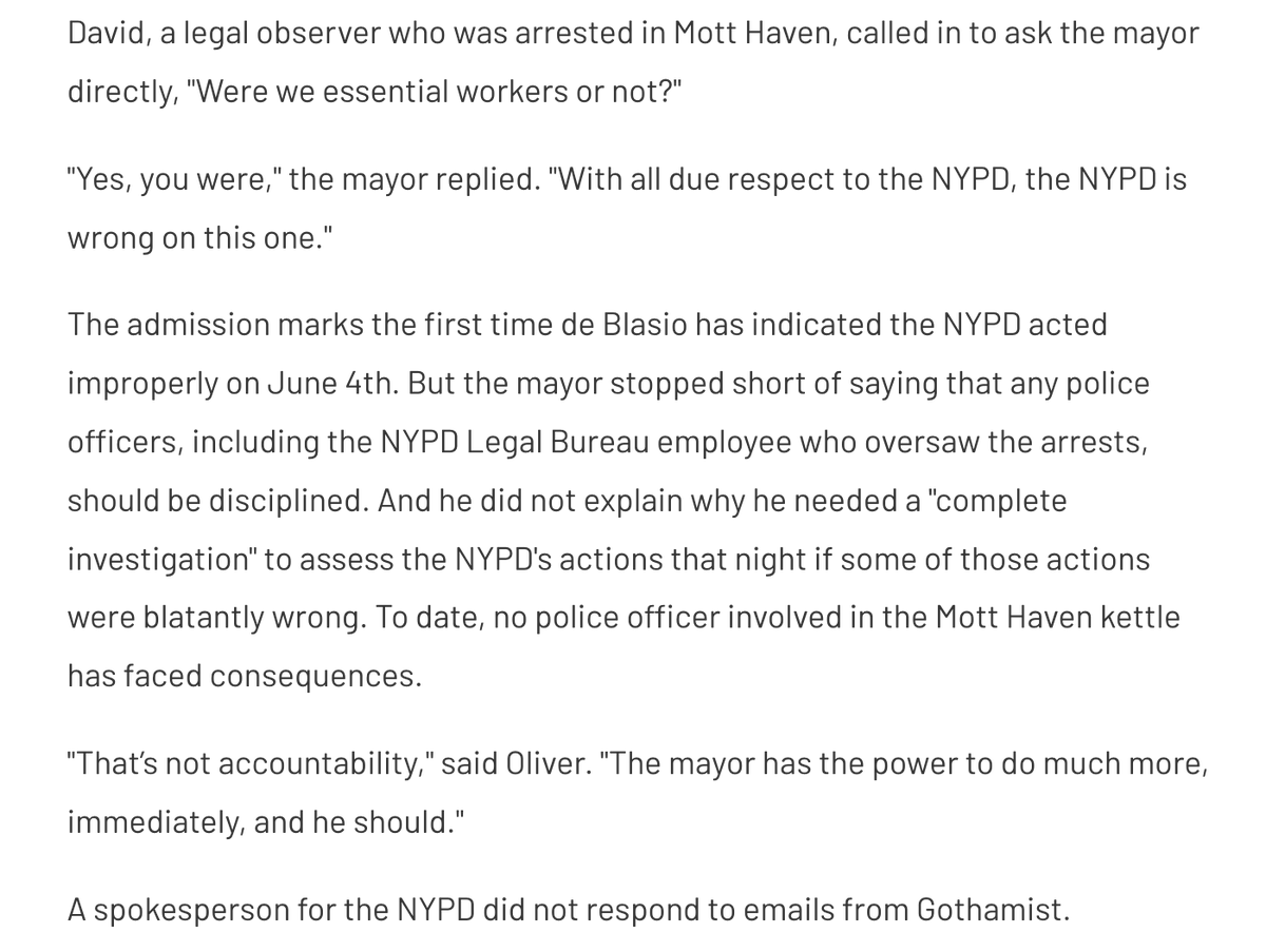 gideonoliver's tweet image. Although @NYCMayor has now confirmed the @NYPDnews was wrong all along about Legal Observers being exempt from his curfew, we can't let either of them defer changing the NYPD practices that led to the brutal attack on the #FTP4 protest until THEY decide the conditions are right
