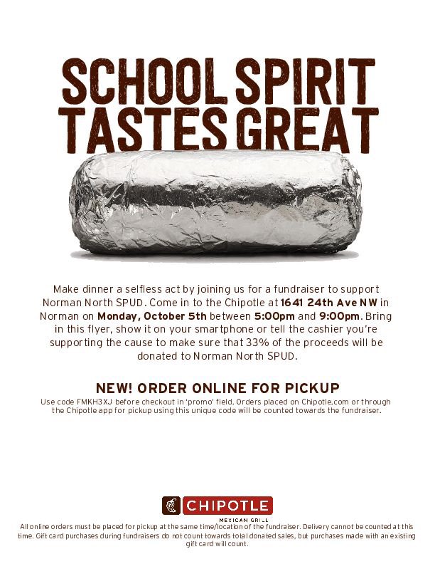 spudweek's tweet image. •CHIPOTLE RESTAURANT NIGHT•

-Make sure you mention SPUD or show the flyer (swipe) so SPUD can receive some of the proceeds!

-Send us a picture of YOUR receipt with your name on it to spudreceipts2021@gmail.com

Ordering online?
-Use our online code: FMKH3XJ