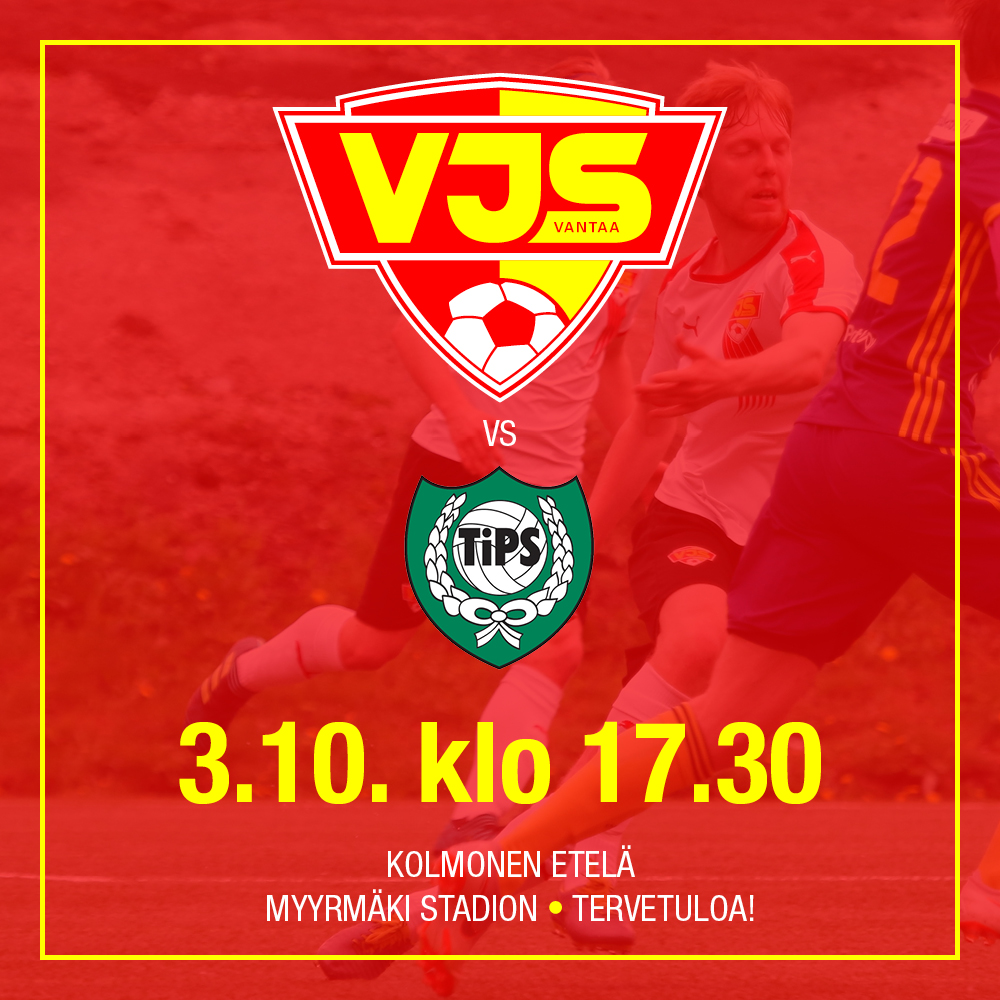 Tervetuloa Myyrmäen Jalkapallostadionille Vantaan derbyyn VJS-TiPS!

Lue koko yleisöinfo vjs.fi/2020/10/02/yle…

#vjstips #vantaanderby #kolmonenetelä #länsivantaanylpeys #jalkapalloyhteisösinulle