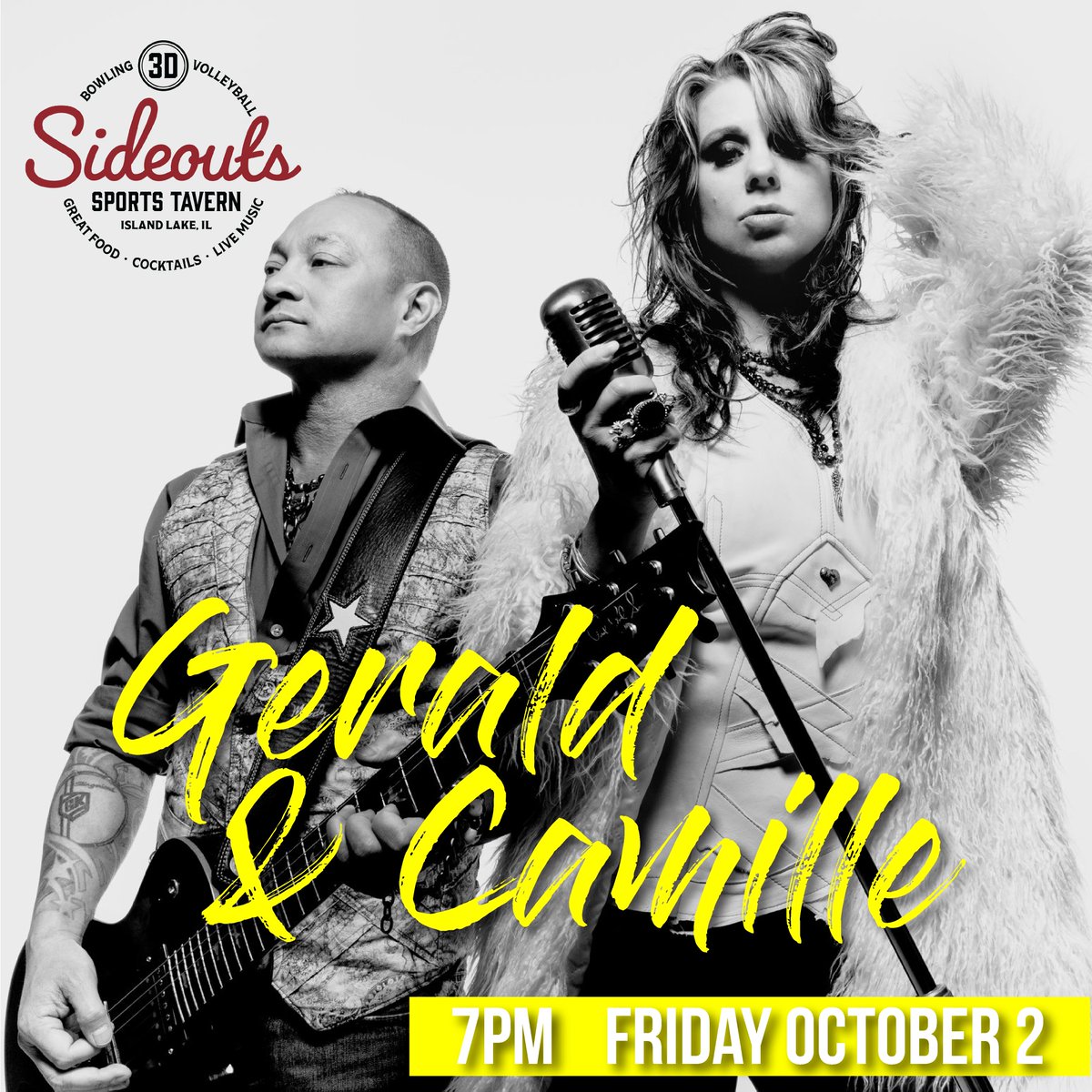 Guess who's back back back? Back again. @Gerald and Camille - Acoustic Duo! Classic Rock, pop, rock and country collide for an awesome Friday night! #sideouts #sideoutssportstavern #islandlake #acoustic #geraldandcamille #livemusic #friday