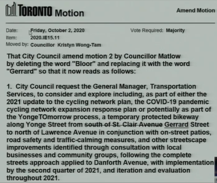 Back on the Yonge Street bike lane item, Councillor Kristyn Wong-Tam has now moved to extend the potential lane all the way down to Gerrard Street.