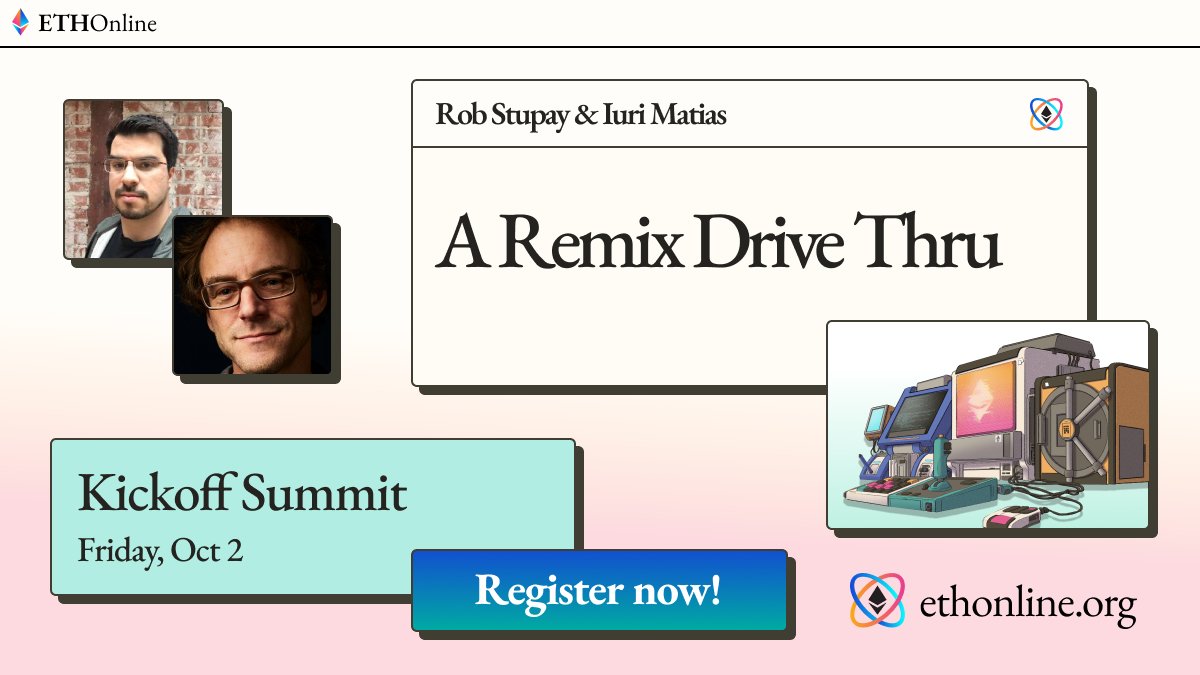 Next up: "A Remix Drive Thru"  @EthereumRemix w/  @iurimatias  @ryestewJoin the session here:  http://live.ethonline.org 