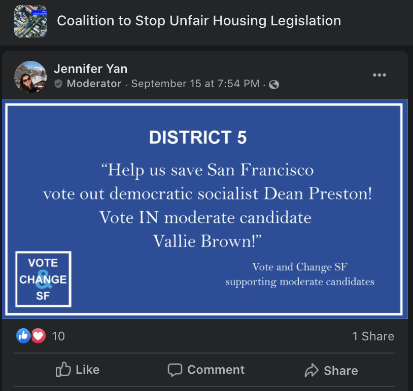 V&CSF promotes events for Vallie Brown and Joel Engardio & group members included at time of writing current sup candidates Engardio, Steven Martin-Pinto, Daniel Landry, and Danny Sauter, as well as Mark Dietrich of SOAR, Austin Hunter of GrowSF, & former DA candidate Nancy Tung.