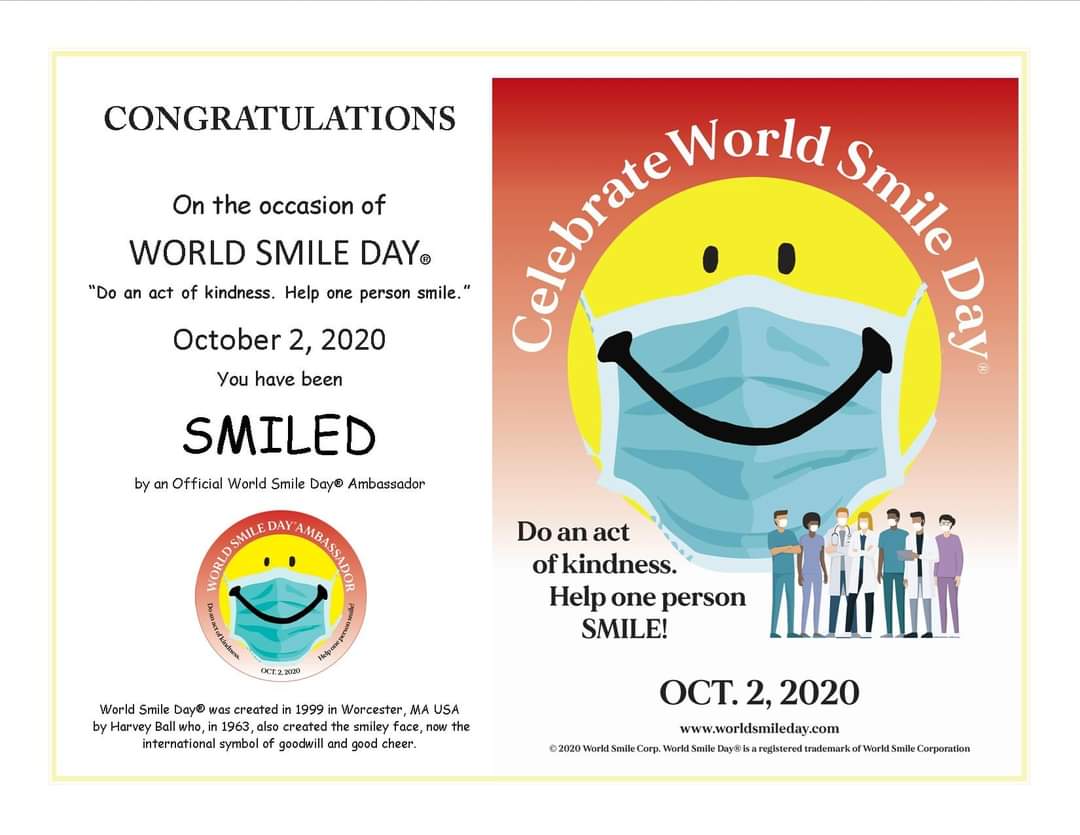 It's World Smile Day 2020. Do an act of kindness. Help one person smile! And wear a face mask! Now smile. #WorldSmileDay #WearAMask #Worcester #smileyface