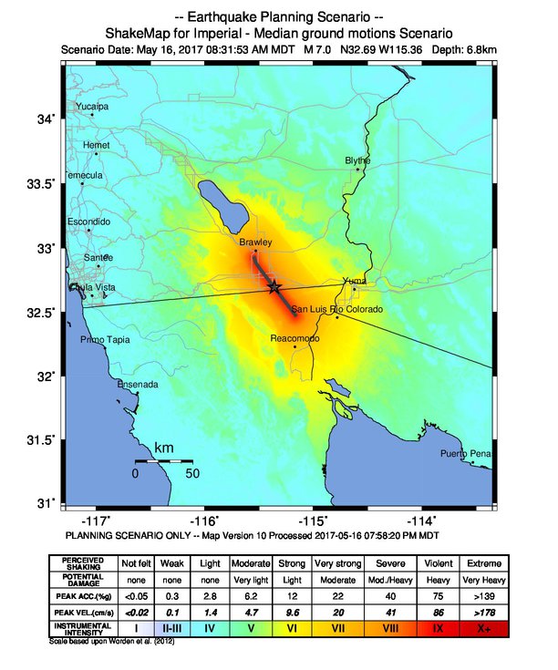 Here is a scenario event (this event has not occurred!) for shaking that could result from an M7 event on the Imperial fault. MMI>VII is expected close to the fault. Weak to light shaking would be expected >100 km from the epicenter.  --