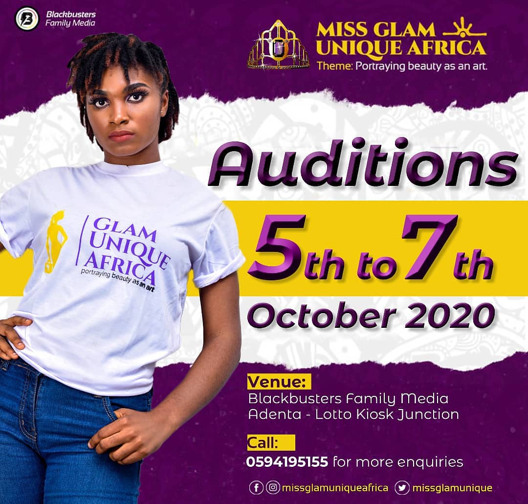 missglamunique's tweet photo. Auditions will begin on the 5th to the 7th of October 2020 at the blackbusters family media. 

Miss Glam Unique Africa is an entrepreneurial and beauty-focused pageantry aimed at developing the African female to venture into the world of entrepreneurship.
#LayconMediaTour2 #Goonz https://t.co/bNKN8TqO7t