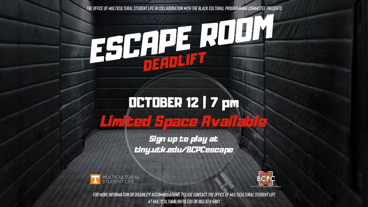UTBCPC's tweet image. Think you can escape? 🤔 Then don’t wait too late to secure your spot! Join BCPC for this Halloween edition of escape room!

tiny.utk.edu/BCPCescape