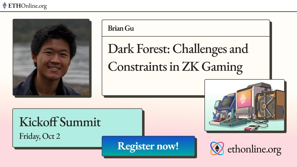 Starting now as part of  #ETHOnline17:30 ET: "Dark Forest: Challenges and Constraints in ZK Gaming" w/  @bgu33  @alanluo_0Join us live here:  http://live.ethonline.org 