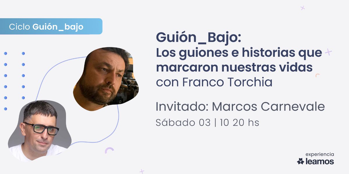Leamos (@infobaeleamos) on Twitter photo Mañana, 20 hs. Primer encuentro del ciclo Guión_bajo 🎬 de la mano de <a href="/francotorchia_/">Franco Torchia</a>.
Invitado: <a href="/Carnevale2015/">Marcos Carnevale</a>
Link para inscribirse 👉bit.ly/3cUGzUr ¡Los esperamos! Mañana, 20 hs. Primer encuentro del ciclo Guión_bajo 🎬 de la mano de <a href="/francotorchia_/">Franco Torchia</a>.
Invitado: <a href="/Carnevale2015/">Marcos Carnevale</a>
Link para inscribirse 👉bit.ly/3cUGzUr ¡Los esperamos!
