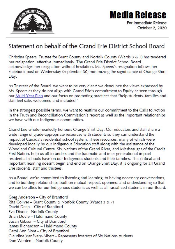 A statement from the Trustees of the Board regarding the resignation of Trustee Christina Speers, and Grand Erie's ongoing commitment to Equity: bit.ly/3jv3hF6