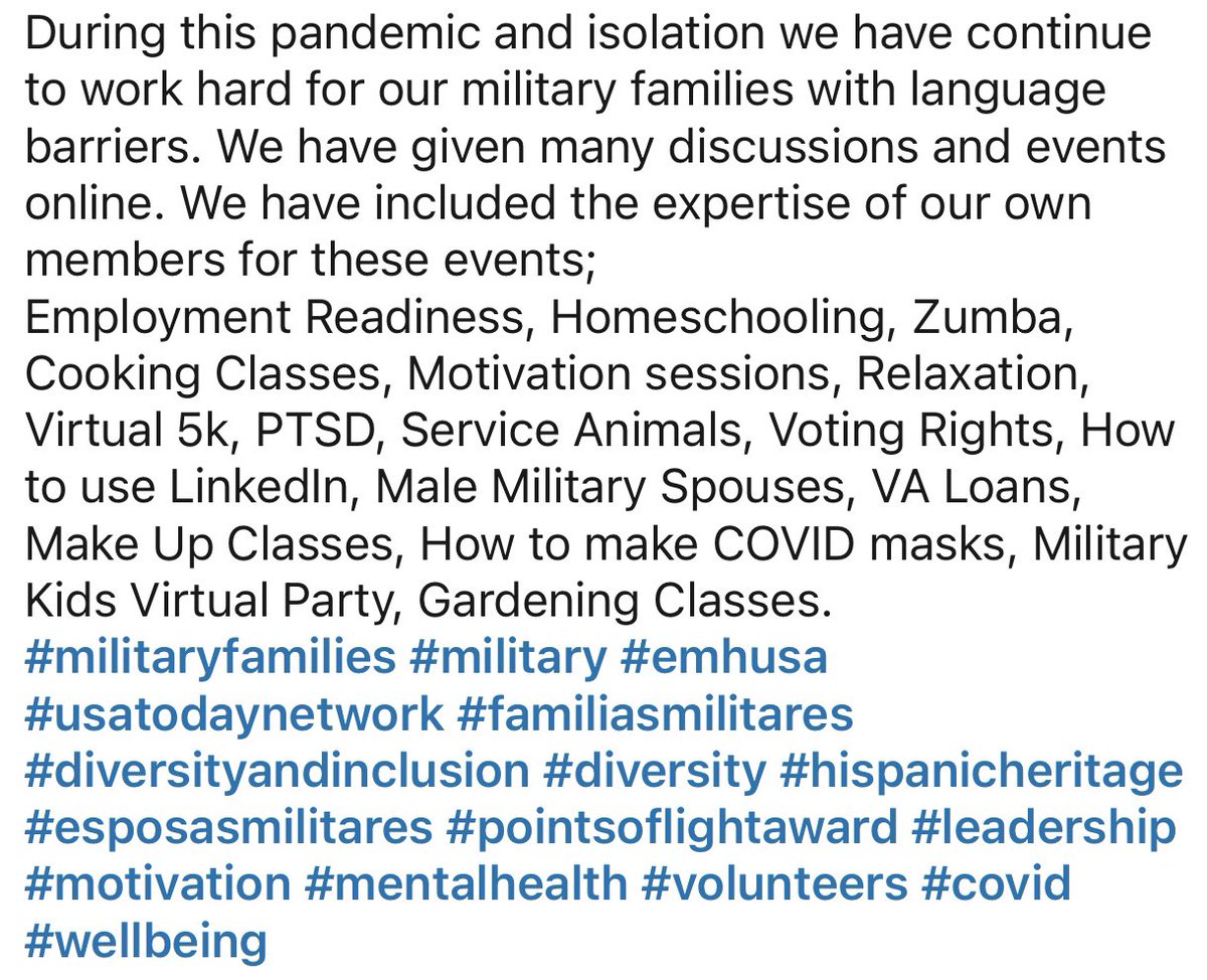 esposasmilusa's tweet photo. During this pandemic and isolation we have continue to work hard for our military families with language barriers. We have given many discussions and events online.
#military #emhusa #familiasmilitares #hispanicheritage #esposasmilitares #motivation
#volunteers #covid #wellbeing https://t.co/MhOHkUBjN5