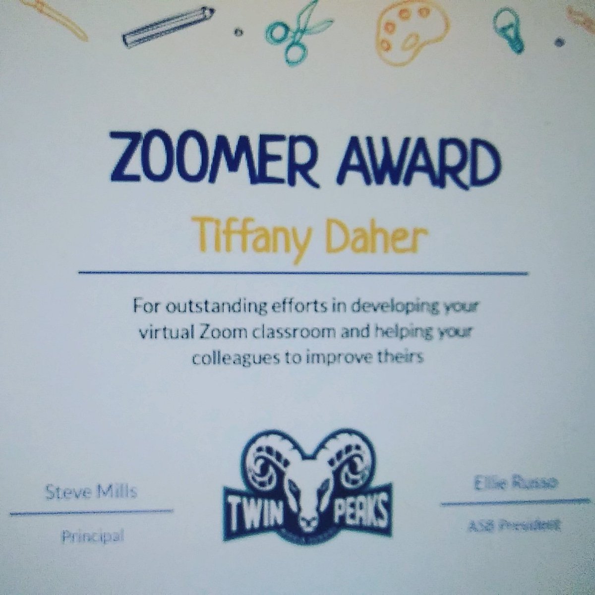 Felt honored to be recognized at this morning's staff meeting! Love creating an engaging virtual space for my students, and helping out colleagues navigate these wacky times! Happy Friyay!! #ittakesateam <a href="/TwinPeaksRams/">Twin Peaks Rams</a>