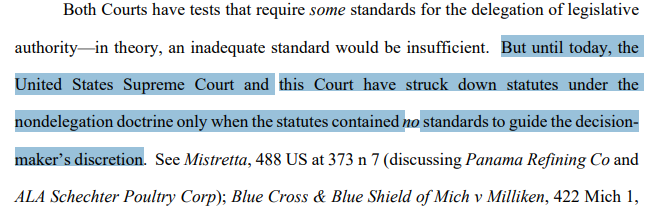 But they nevertheless do what the U.S. Supreme Court hasn't done in nearly 100 years, and strike down the law on non-delegation grounds for failing to have sufficiently precise standards.As the Chief Justice notes in her dissent, this is unprecedented. /3