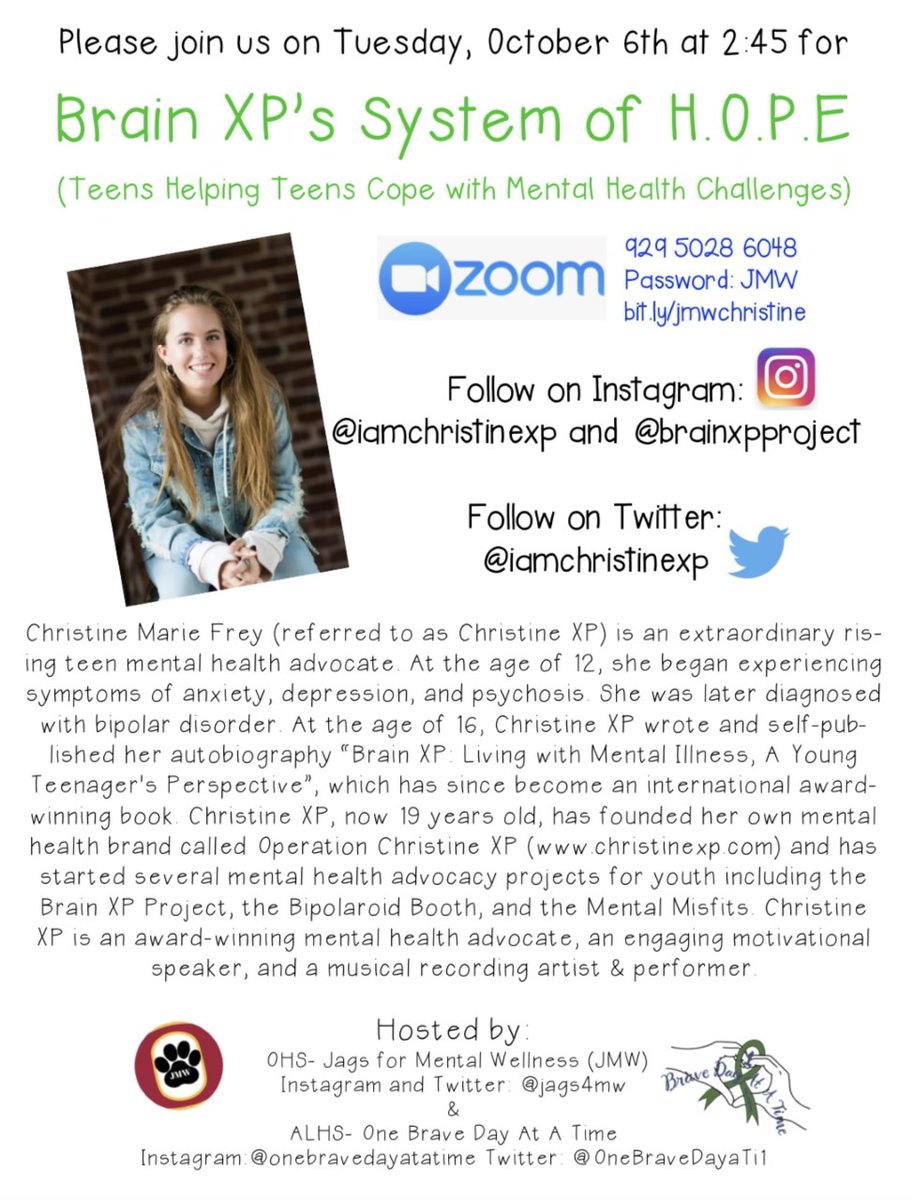 Please join us next Tuesday at 2:45pm to learn from Christine about her journey with mental health. This is brought to us by <a href="/OneBraveDayaTi1/">One Brave Day @ a Time💚</a> club. @MrParker_ALHS <a href="/AdamStites1/">Adam Stites, Ed.D.</a> <a href="/DrBrownbridge/">Dr. Jon Brownbridge</a> <a href="/braveskiles/">Elizabeth Skiles</a> <a href="/ALHS_ASB/">ALHS ASB</a> <a href="/alhsren/">Renaissance</a> <a href="/alhslinkcrew/">ALHS Link Crew/AVID</a> <a href="/ALHS_PepSquad/">ALHS Cheer Team</a> <a href="/bravescollon/">Brave Scollon</a> <a href="/MrsHausAlhs/">Mary Haus</a>