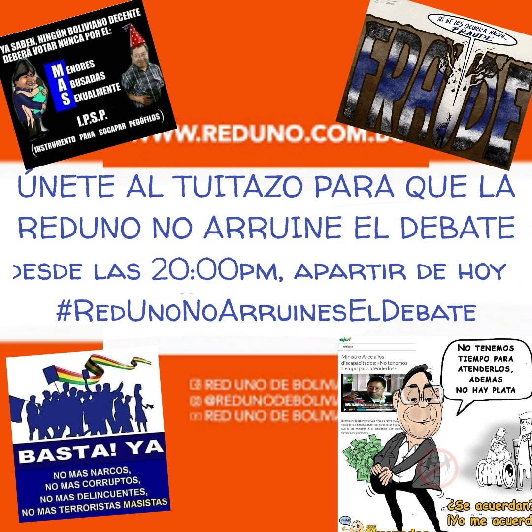 dBolivia12e's tweet photo. UNETE AL TUITAZO
#RedUnoNoArruinesElDebate
#RedUnoVendidos
Que vergüenza Red Uno!! Se aplazaron esta vez. Arce debería estar en el debate junto a los demas candidatos para que todo Bolivia sepa la clase de sujeto que es y el despilfarro que hizo durante tantos años🤬🤬😡 https://t.co/ww7KtYTd0E