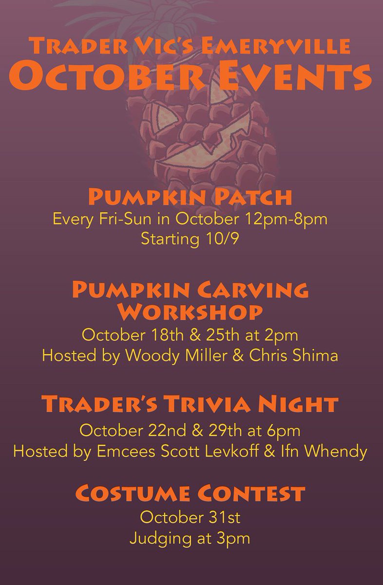 TraderVicsBay's tweet photo. Starting Oct. 9th, come by Trader Vic’s for our Fall Pumpkin Patch! Open Fri-Sun from 12pm-8pm. We’ve got a lot ‘fall-tivities’ planned for the month, check out our calendar below!
#falltivities #pumpkinpatch #bayarea #maitai #hullaween #sanfrancisco #oakland #emeryville https://t.co/Rj6Z7yhldl