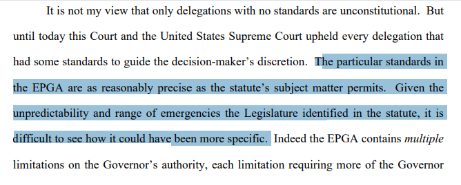 Again, the Chief Justice makes the point nicely. The law was a specific as could be expected, given that it's for "emergencies" broadly--and emergencies can range from fires to flooding to pandemics to civil unrest (in a variety of geographic areas, to boot). /5