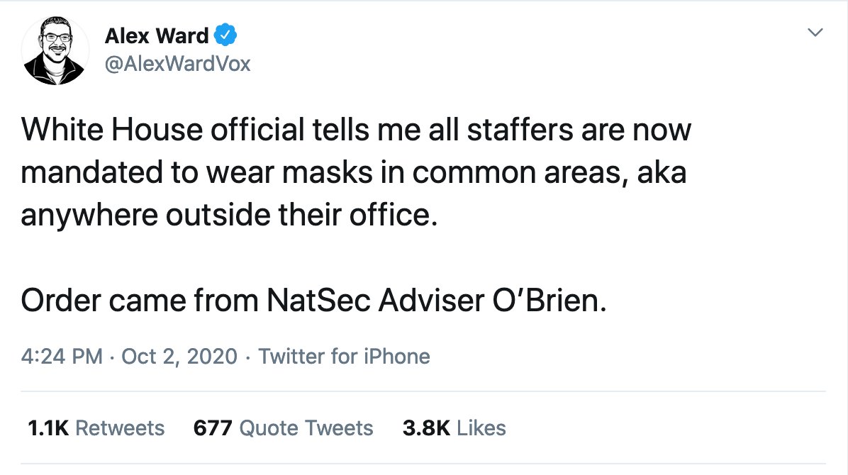 10:30am today -- masks still not mandatory at White House4:30pm today -- masks ARE mandatory at the White House