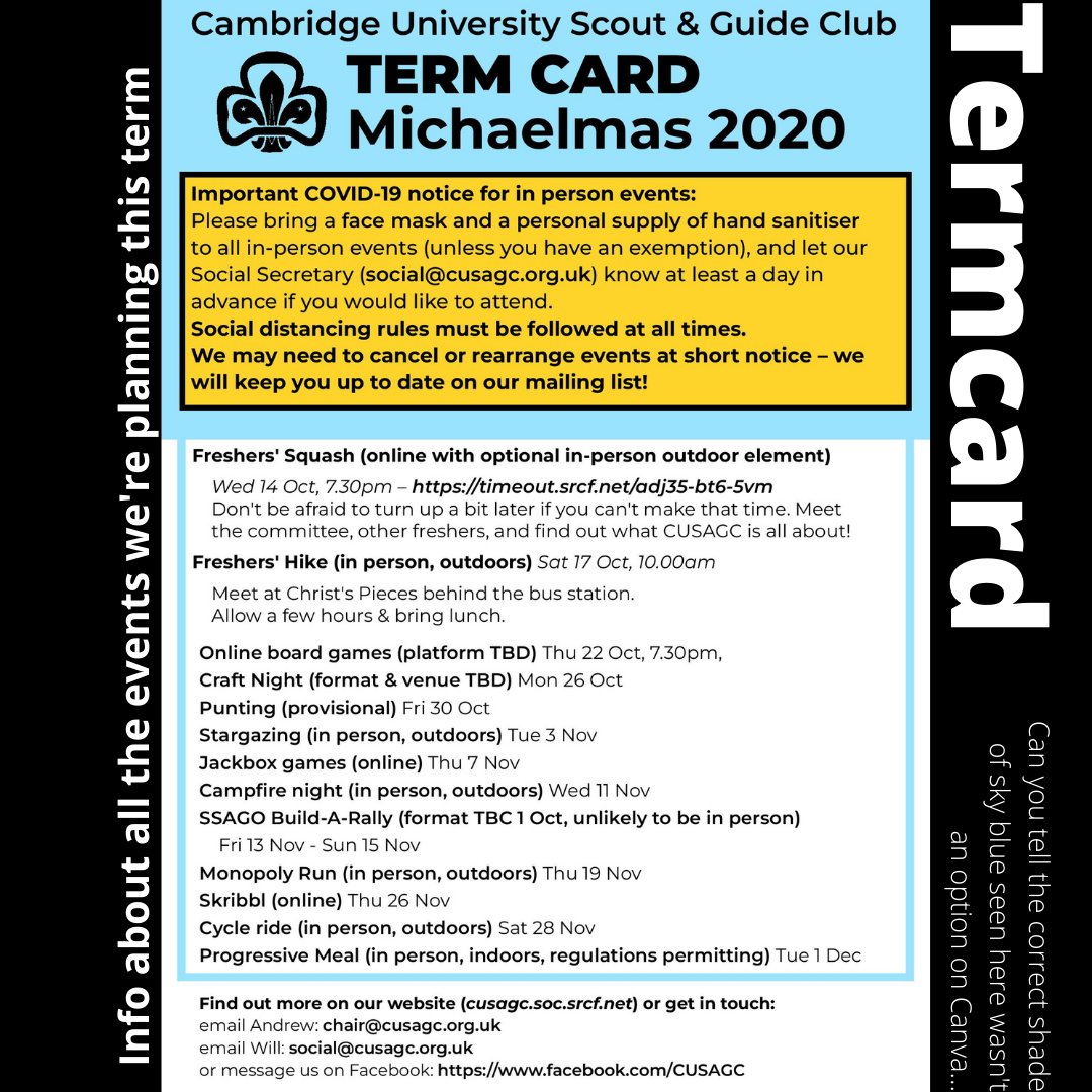 Like what you see so far? Come along to one of our freshers’ events! We have a mixture of virtual and outdoors events planned, fully risk-assessed and socially distant - make sure to read the info on the last slide for what you need to do. See you there! :) #Scouting #Guiding