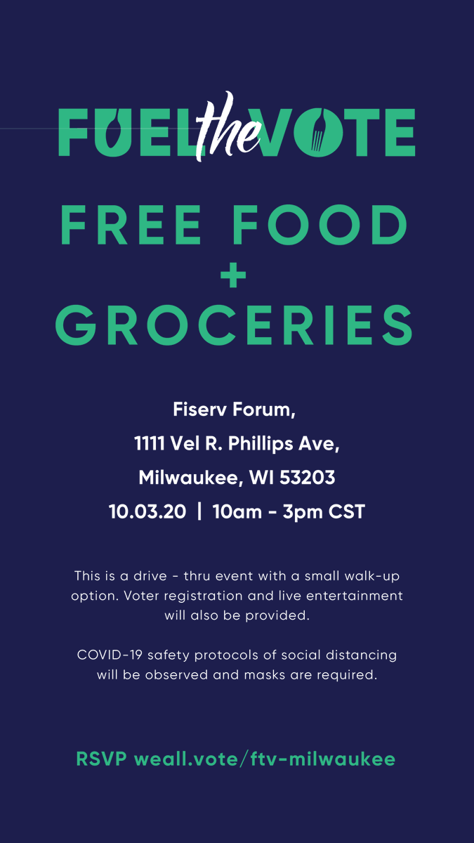 blocbyblocMKE's tweet photo. We’re teaming up with @WhenWeAllVote to #FueltheVote — a food
distribution event in the Milwaukee area. Stop by today for
a live DJ, free meals and groceries for your family, and to register to vote ✅
Share with a friend or family in need → https://t.co/ZTDNgofPUg https://t.co/HocGbxRpYU