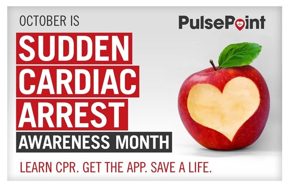 TeamUpWithBC20's tweet photo. October is Sudden Cardiac Arrest Awareness Month! Become a lifesaver - learn CPR, download @pulsepoint, and save a life! ❤️ #SCAAMonth #strikeoutsca #cprsaveslives #aedssavelives #everyminutecounts #1in300 https://t.co/BBAdRmUNiV
