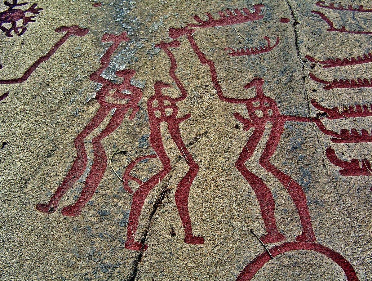 161) Well, this is widely believed by Nordic Bronze age historians to be the very first depiction of the God Thor... Thor with his hammer....And maybe a few BIG friends... Tanum rock carvings in Sweden. The earliest in 1,800 BCE.