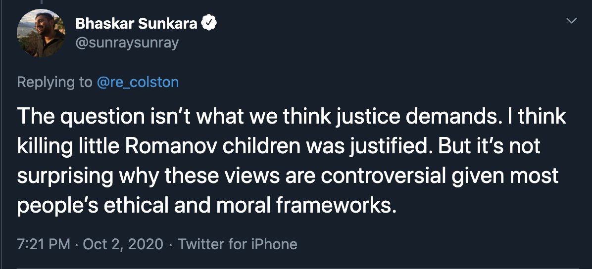 The Founding editor of  @jacobinmag, Bhaskar Sunkara, has just deleted this tweet, in which he said "I think killing little Romanov children was justified".