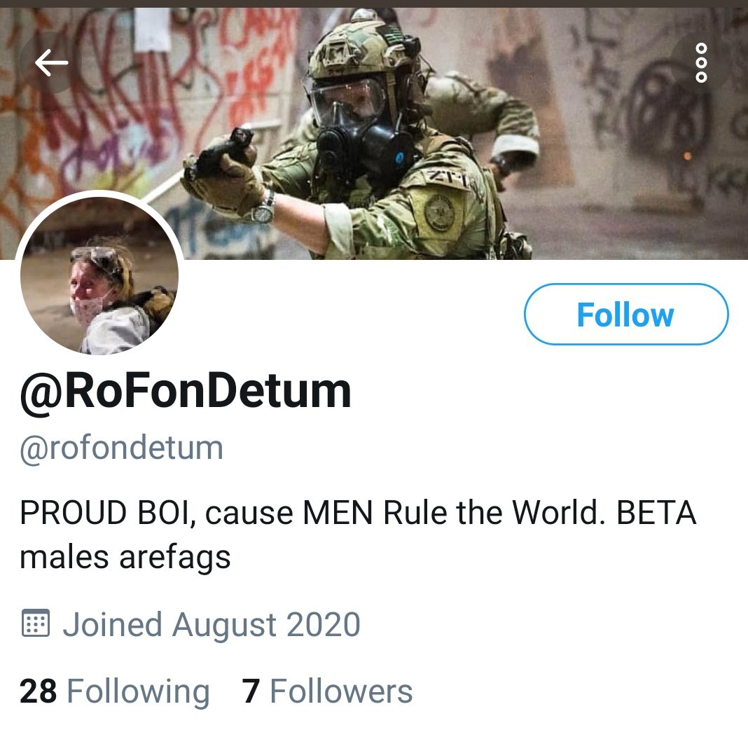 Here is  @RoFonDetum describing himself in his Twitter profile as a Proud Boy. The banner shows a guy in camo, face shield, and helmet playing soldier and pointing a handgun.
