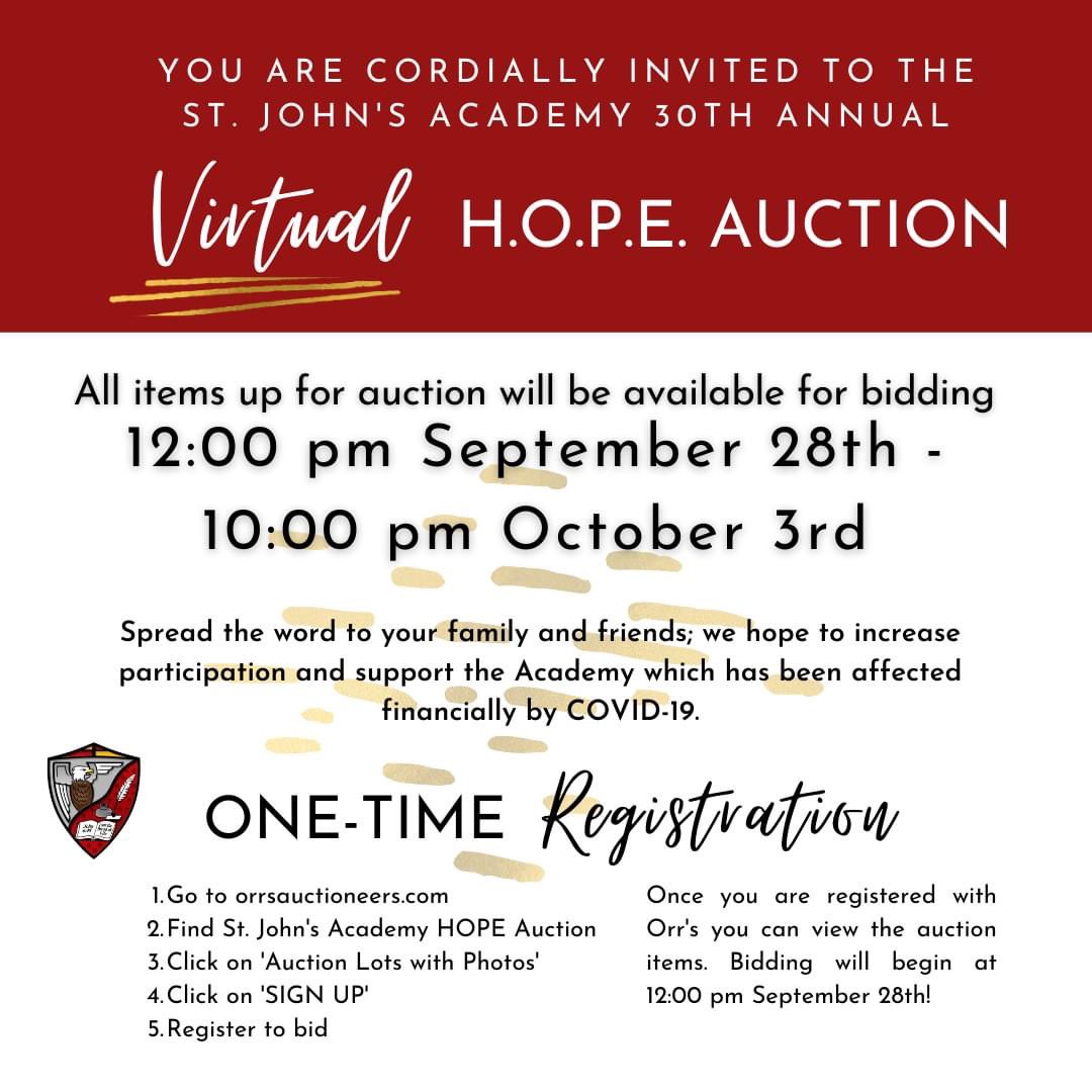 SJAcademy1890's tweet photo. Only 28 hours of HOPE Auction Remaining. Fantastic new items added today, make sure to check it out.  All proceeds impact the students at St. John’s Academy! https://t.co/KQmbme6K6n