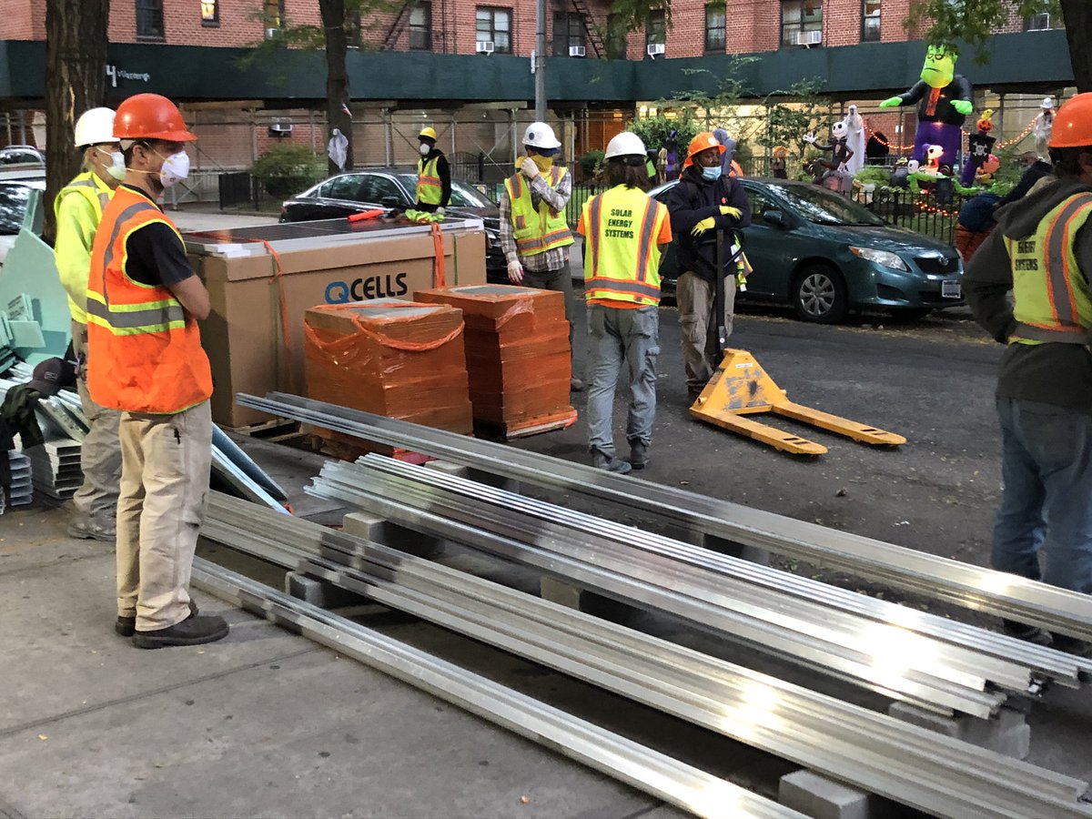 FACSolar's tweet photo. Today the first of 9 @FACbrooklyn properties to solarize in 2020 started. Energizing Affordable Housing with help from @SESPV @SunwealthPower  @solaronenyc @MilbankLaw @kresgefdn @GotGrid @NYSERDA @bksolarworks &amp; PowWow Power FAC Families will have 250kW solar energized this year https://t.co/OuEkWlX8VT